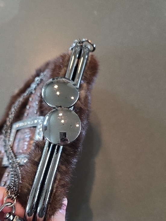 Brown Mink and Snake-Texture Evening Bag with Rhinestone Buckle & Kiss Closure - Picture 3 of 16